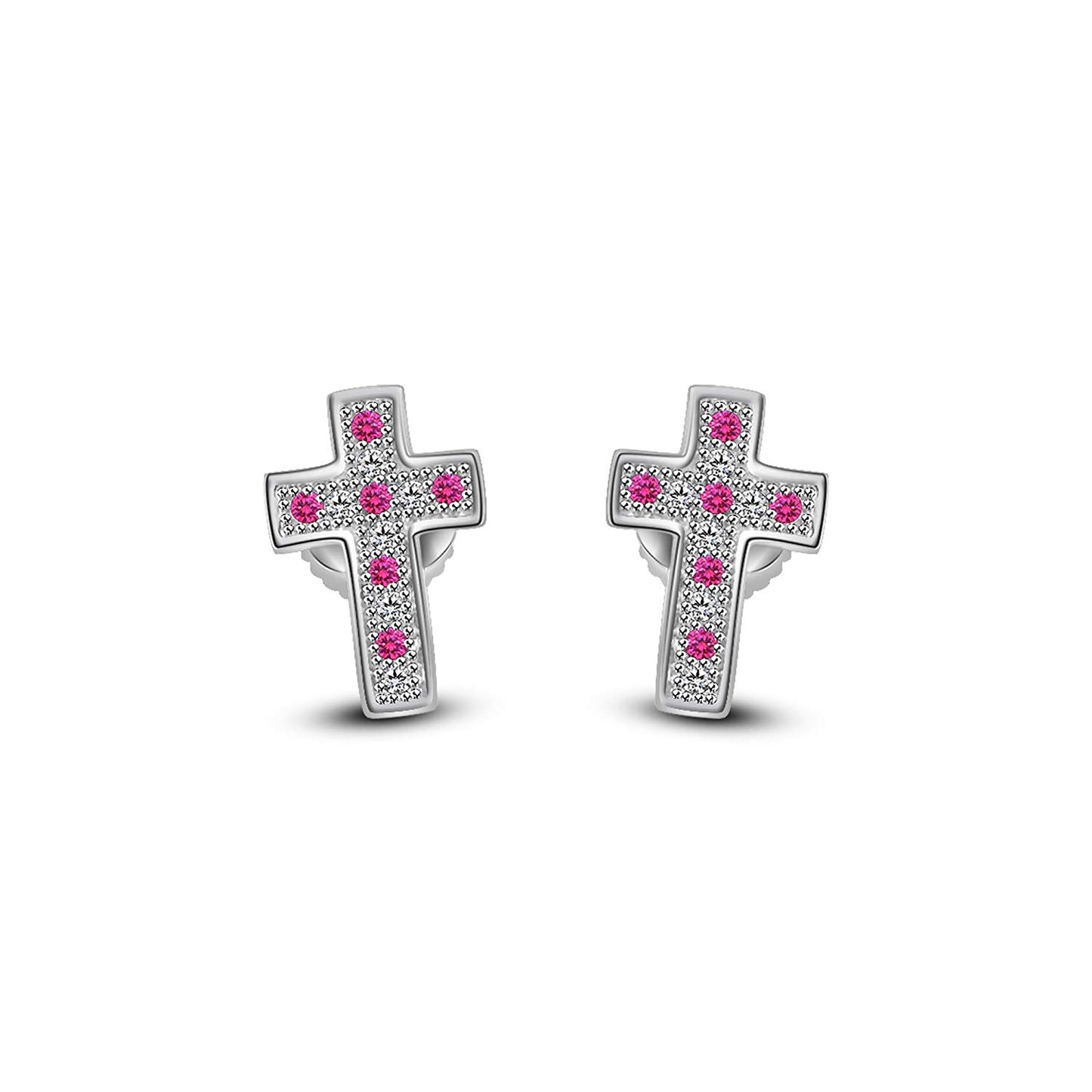 atjewels 14K White Gold Over 925 Sterling Silver Round Pink Sapphire & White CZ Cross Stud Earrings For Women's MOTHER'S DAY SPECIAL OFFER - atjewels.in