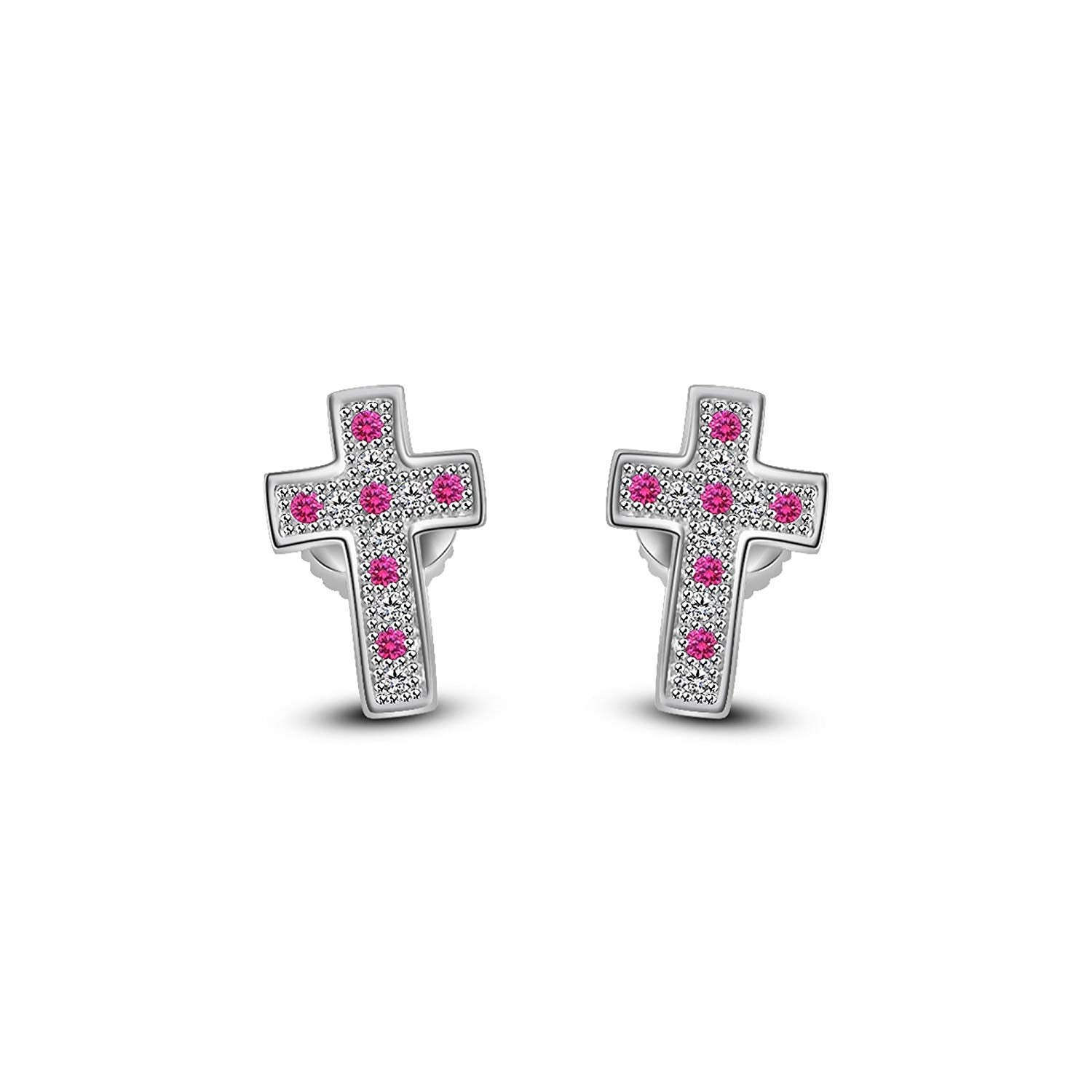 atjewels 14K White Gold Over 925 Sterling Silver Round Pink Sapphire & White CZ Cross Stud Earrings For Women's MOTHER'S DAY SPECIAL OFFER - atjewels.in