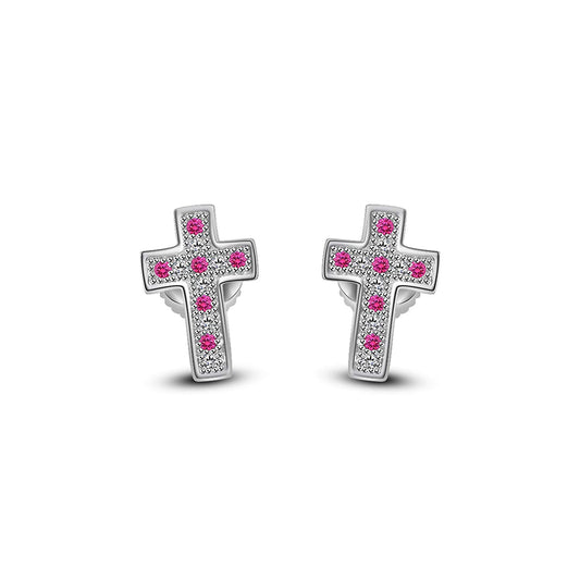 atjewels 14K White Gold Over 925 Sterling Silver Round Pink Sapphire & White CZ Cross Stud Earrings For Women's MOTHER'S DAY SPECIAL OFFER - atjewels.in