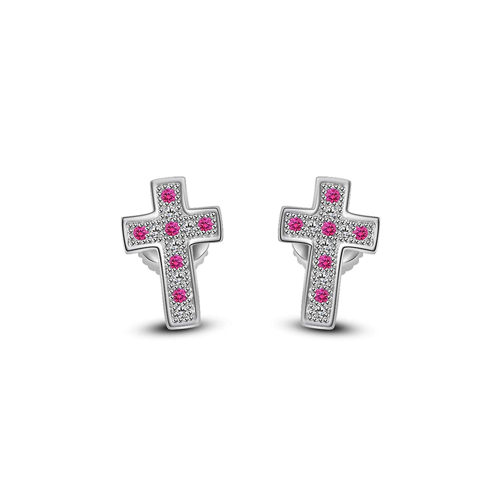 atjewels 14K White Gold Over 925 Sterling Silver Round Pink Sapphire & White CZ Cross Stud Earrings For Women's MOTHER'S DAY SPECIAL OFFER - atjewels.in