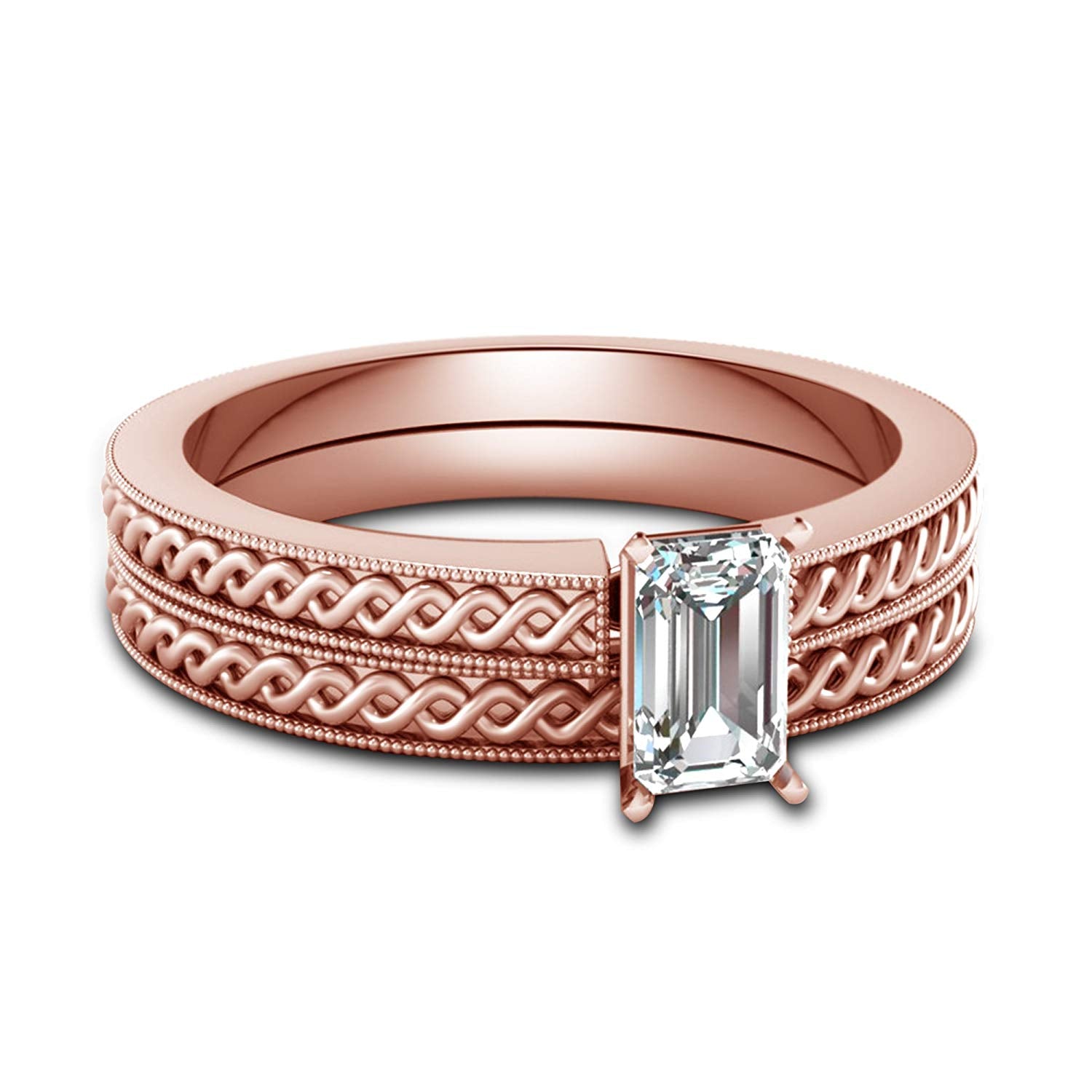 atjewels 14K Rose Gold Over Silver White Zirconia Emerald Cut Solitaire and Bridal Ring Set MOTHER'S DAY SPECIAL OFFER - atjewels.in