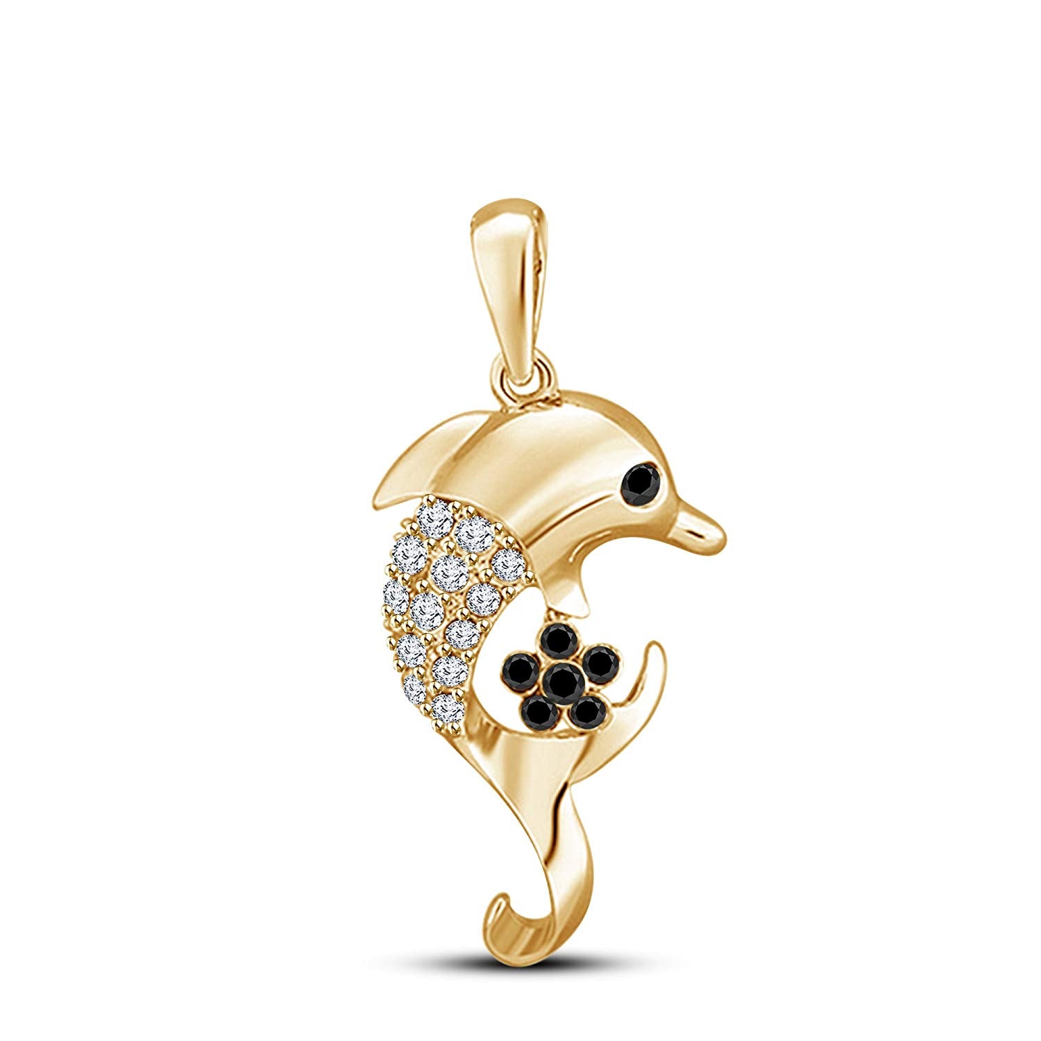 atjewels 14K White Gold Plated on 925 Sterling Black and White CZ Dolphin Pendant Without Chain MOTHER'S DAY SPECIAL OFFER - atjewels.in