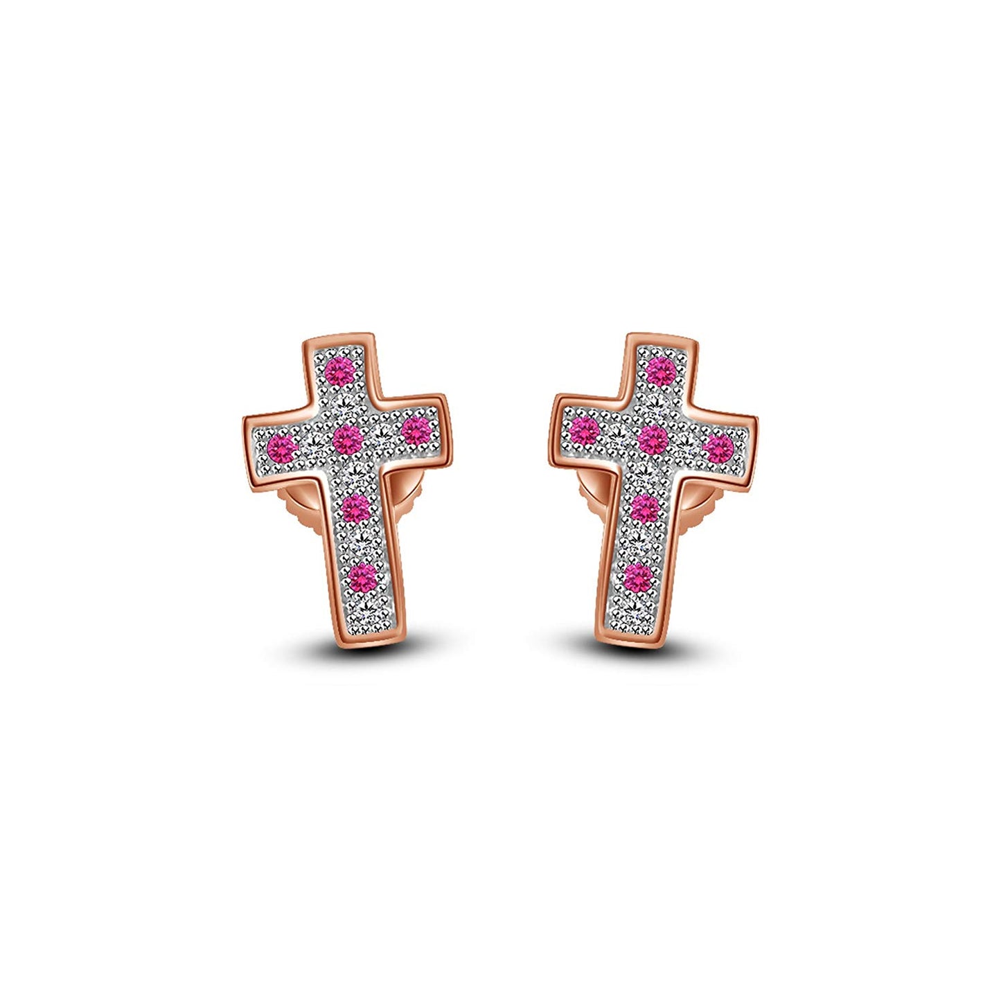 14K Rose Gold Over 925 Sterling Silver Round Cut Pink Sapphire & White Cubic Zirconia Diamond Cross Stud Earrings For Women's - atjewels.in