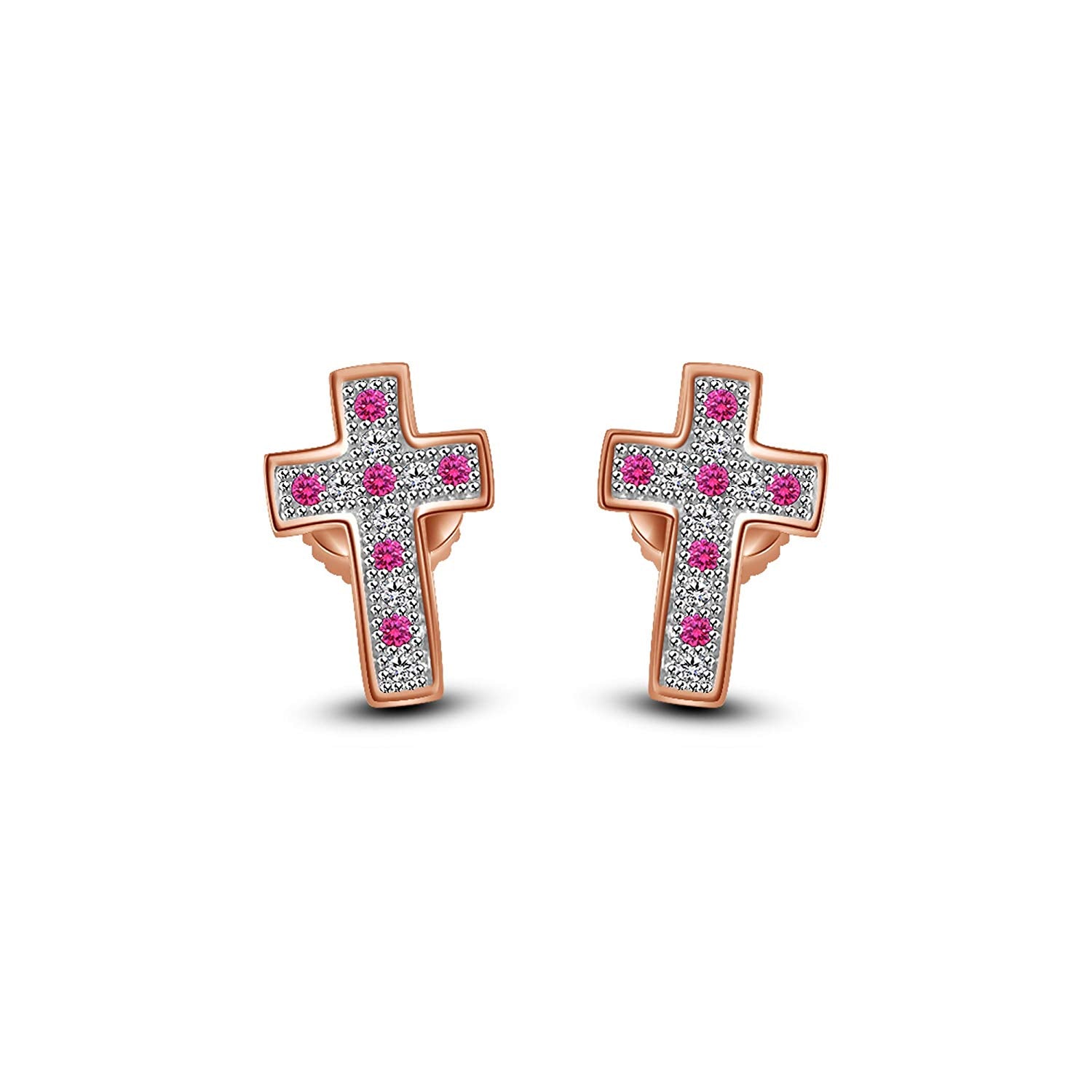 14K Rose Gold Over 925 Sterling Silver Round Cut Pink Sapphire & White Cubic Zirconia Diamond Cross Stud Earrings For Women's - atjewels.in