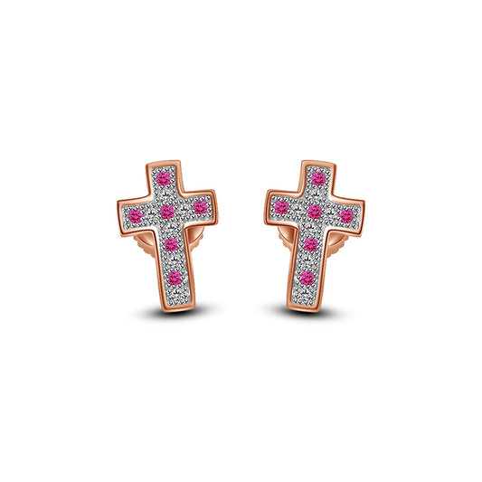 14K Rose Gold Over 925 Sterling Silver Round Cut Pink Sapphire & White Cubic Zirconia Diamond Cross Stud Earrings For Women's - atjewels.in