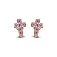14K Rose Gold Over 925 Sterling Silver Round Cut Pink Sapphire & White Cubic Zirconia Diamond Cross Stud Earrings For Women's - atjewels.in