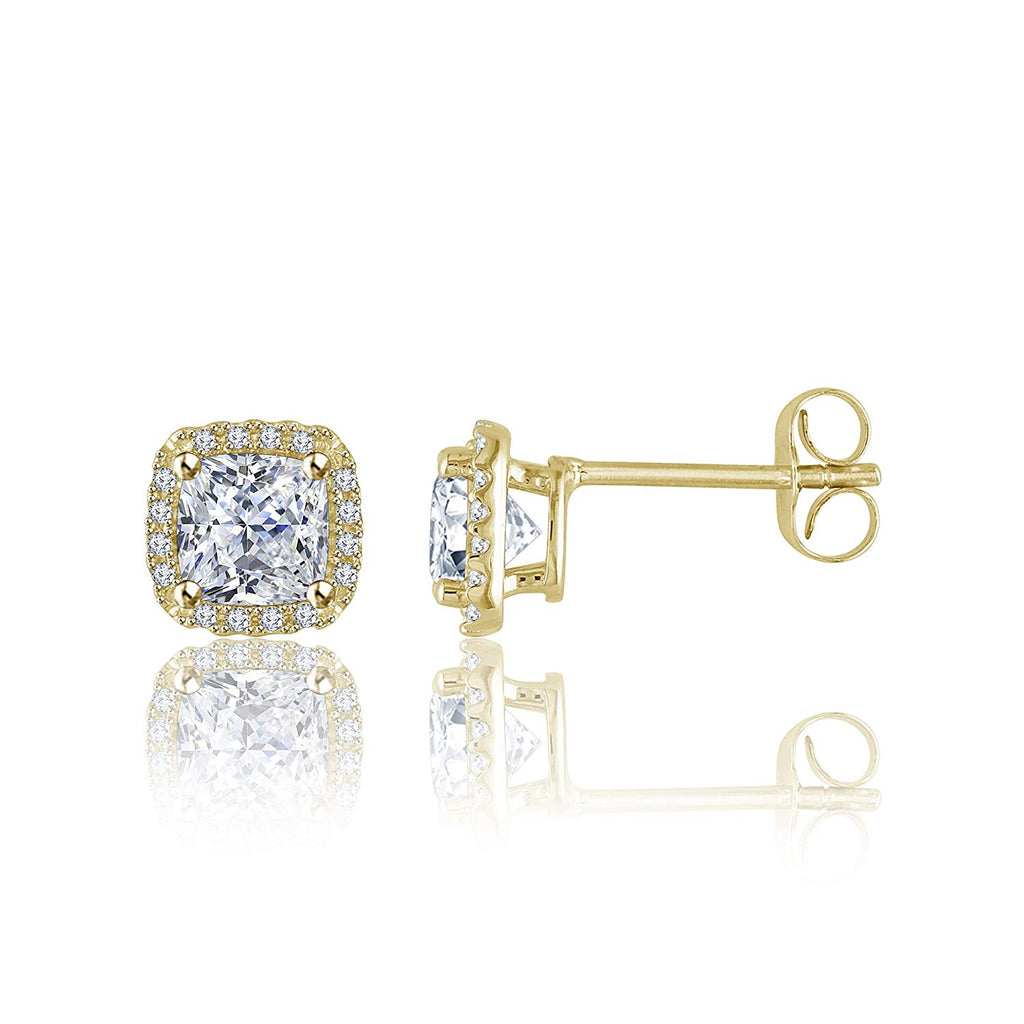 atjewels 18k Yellow Gold Plated On .925 Sterling Silver White Diamond Cushion Cut Stud Earrings MOTHER'S DAY SPECIAL OFFER - atjewels.in