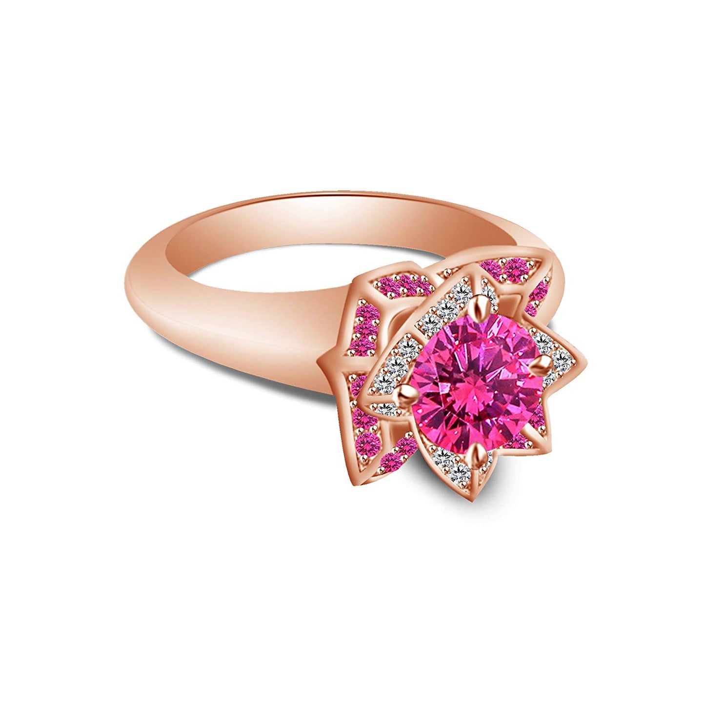 atjewels 925 Sterling Silver Round Pink Sapphire and White CZ Disney Princess Lotus Ring MOTHER'S DAY SPECIAL OFFER - atjewels.in