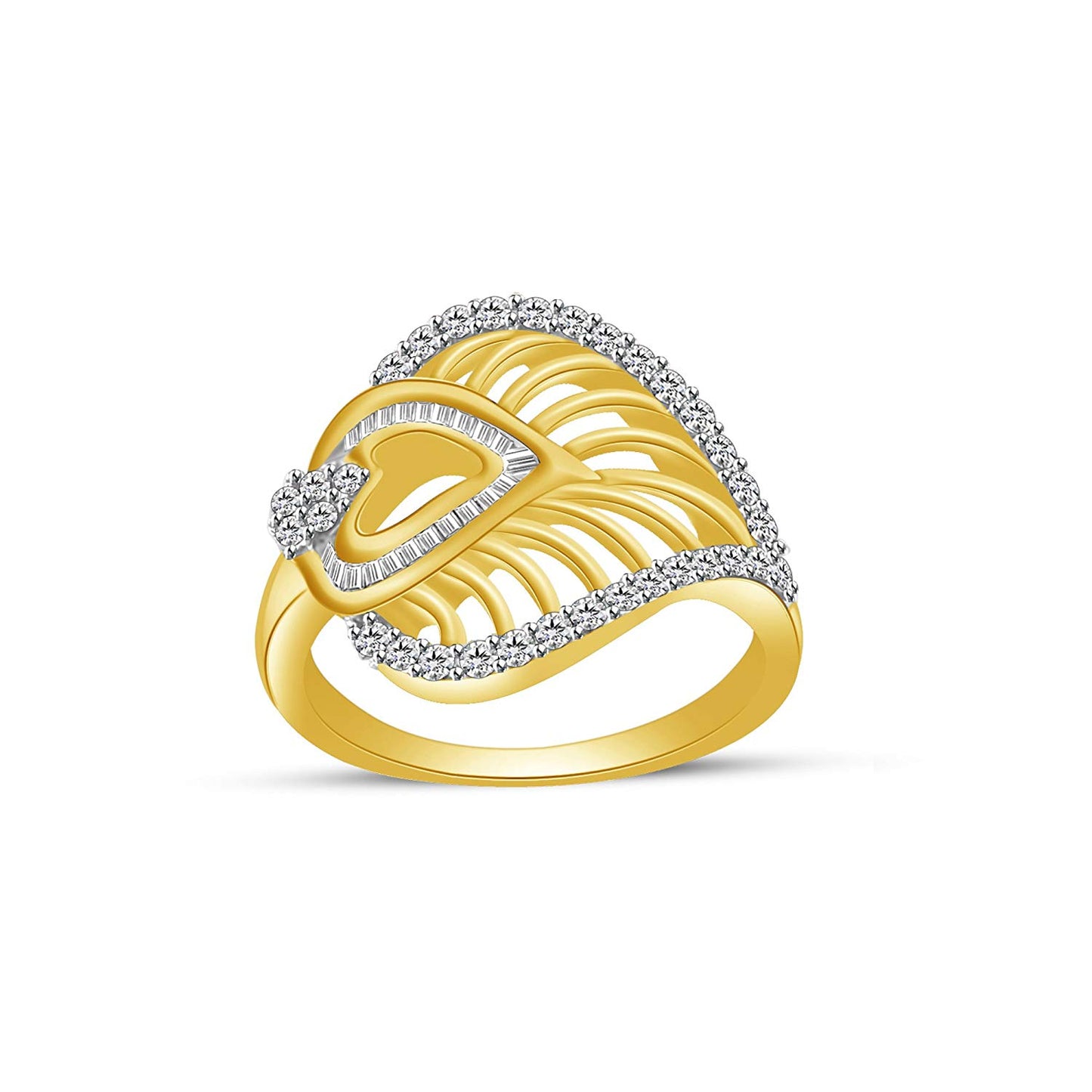 atjewels 14K Yellow Gold Over 925 Sterling Round & Baguette White CZ Leaf Heart Ring For Women's MOTHER'S DAY SPECIAL OFFER - atjewels.in