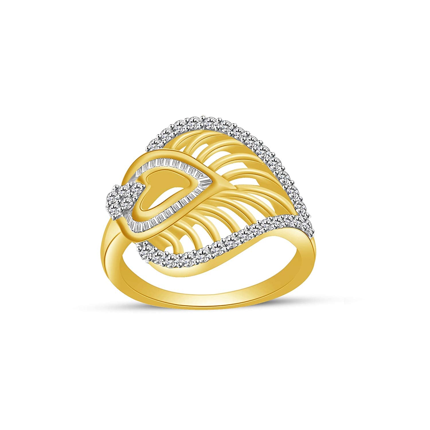 atjewels 14K Yellow Gold Over 925 Sterling Round & Baguette White CZ Leaf Heart Ring For Women's MOTHER'S DAY SPECIAL OFFER - atjewels.in