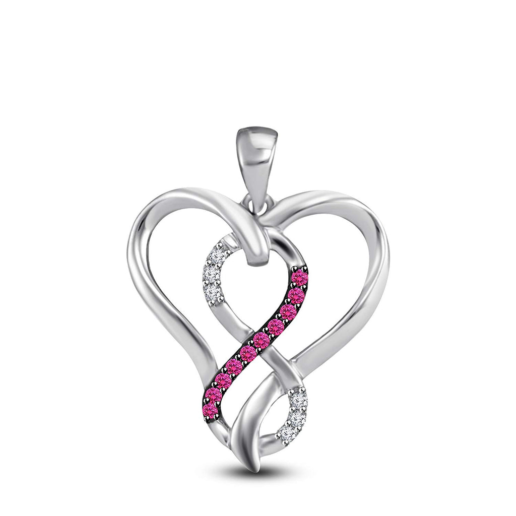 atjewels 14K White Gold Over 925 Sterling Silver Round White Zirconia and Pink Sapphire Heart Pendant Without Chain MOTHER'S DAY SPECIAL OFFER - atjewels.in