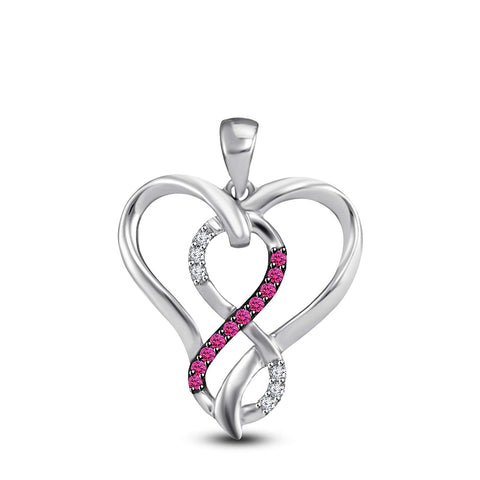 atjewels 14K White Gold Over 925 Sterling Silver Round White Zirconia and Pink Sapphire Heart Pendant Without Chain MOTHER'S DAY SPECIAL OFFER - atjewels.in