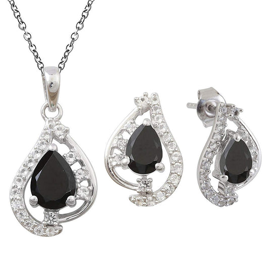 atjewels Pear & Round Cut Black & White CZ .925 Sterling Silver Earrings, Ring & Pendant Fashion Jewelry Set For Women's/Girl's For Ganesh Chaturthi Special - atjewels.in