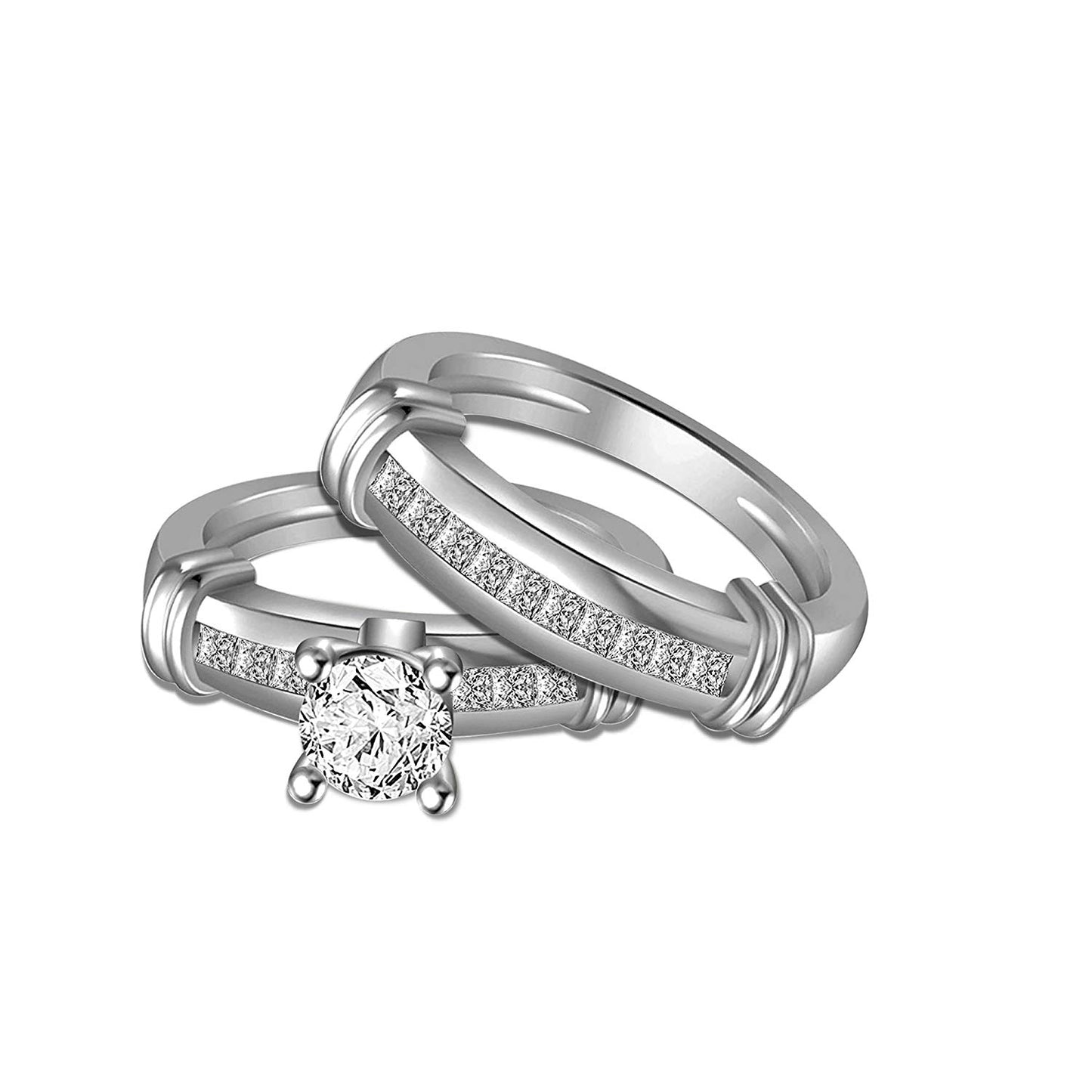 atjewels 14K White Gold Over 925 Sterling Silver Round White CZ Engagement Trio Ring Set MOTHER'S DAY SPECIAL OFFER - atjewels.in