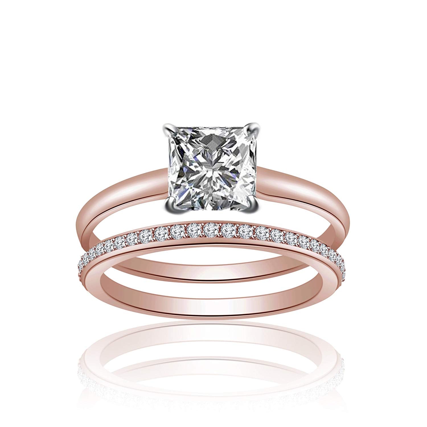 atjewels 18K Rose Gold Over 925 Sterling Silver Princess & Round Cut White CZ Wedding Bridal Ring Set for Women's MOTHER'S DAY SPECIAL OFFER - atjewels.in