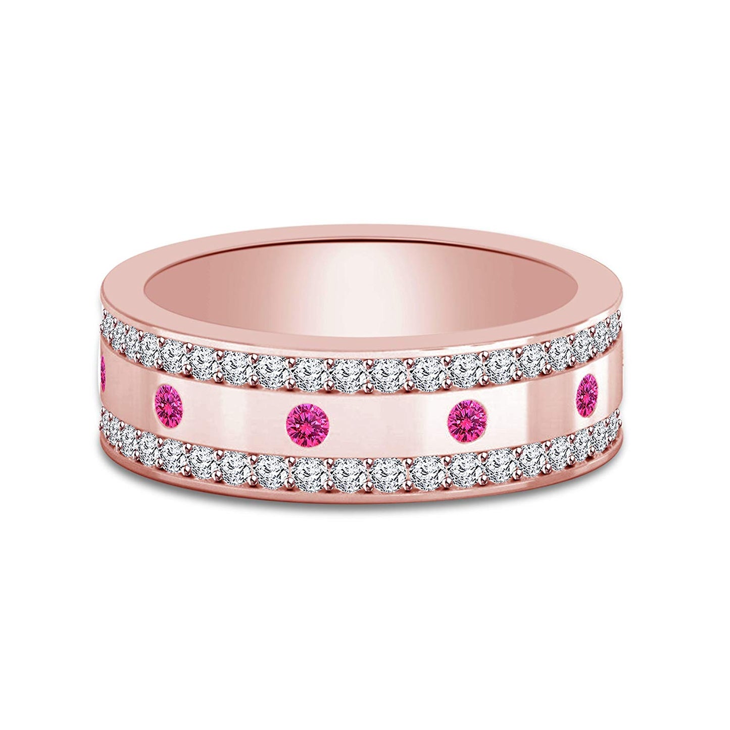 atjewels Round Pink Sapphire & White CZ in 14K Rose Gold Over 925 Silver Wedding Band Ring MOTHER'S DAY SPECIAL OFFER - atjewels.in