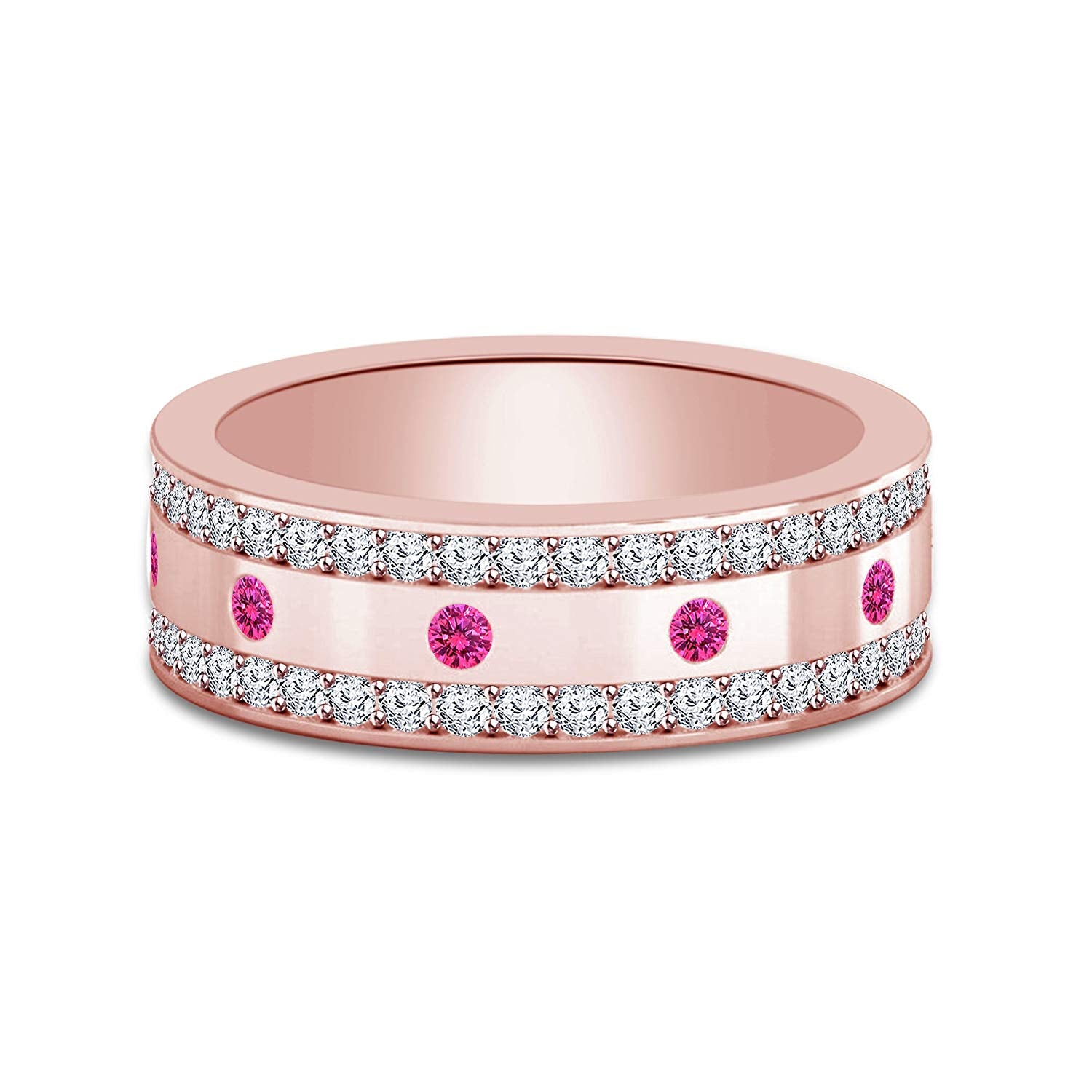 atjewels Round Pink Sapphire & White CZ in 14K Rose Gold Over 925 Silver Wedding Band Ring MOTHER'S DAY SPECIAL OFFER - atjewels.in
