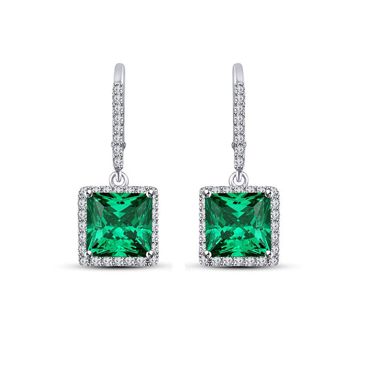 atjewels Princess Green Emerald & White Round CZ in 14K White Gold Over Sterling 925 Dangle Earrings For Women/Girls MOTHER'S DAY SPECIAL OFFER - atjewels.in