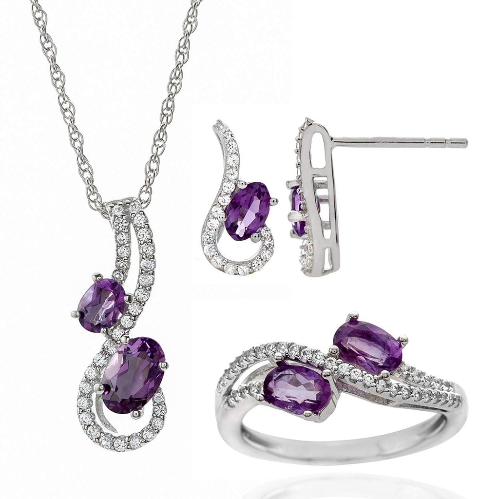 atjewels Oval & Round Cut Purple Amethyst & White CZ .925 Sterling Silver Earrings, Ring & Pendant Fashion Jewelry Set For Women's/Girl's For Ganesh Chaturthi Special - atjewels.in