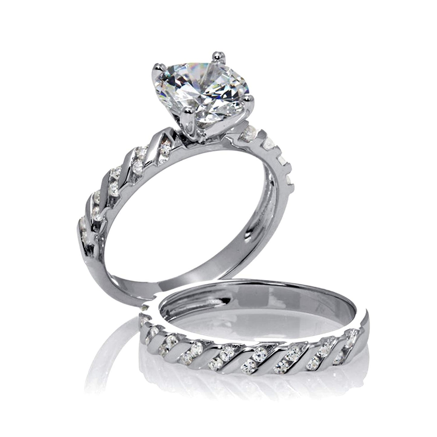 atjewels 2.40 ct Sterling Silver White Simulated Diamond Round Cut with Slanted Bridal Ring Set For Women's MOTHER'S DAY SPECIAL OFFER - atjewels.in