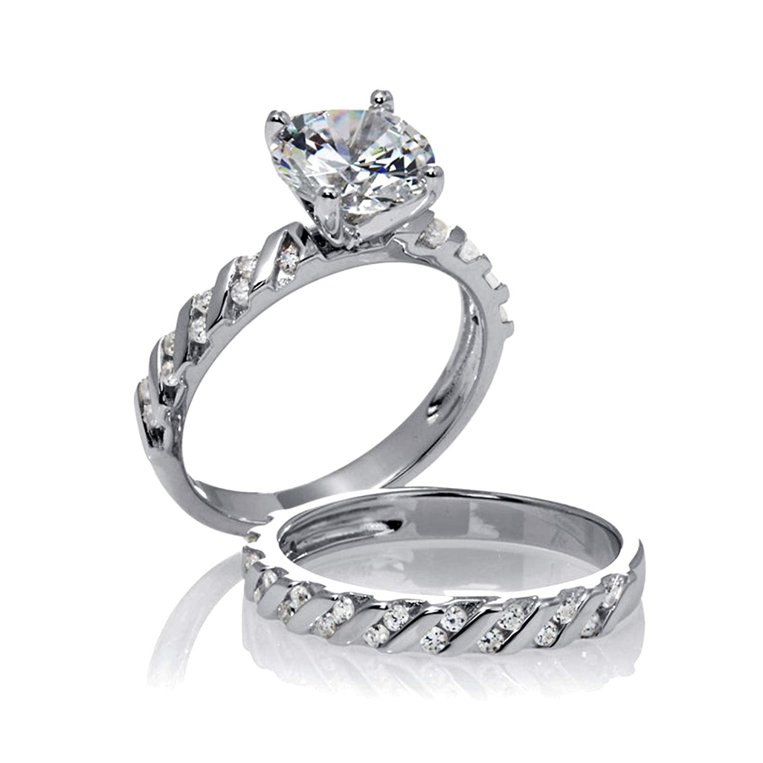 atjewels 2.40 ct Sterling Silver White Simulated Diamond Round Cut with Slanted Bridal Ring Set For Women's MOTHER'S DAY SPECIAL OFFER - atjewels.in