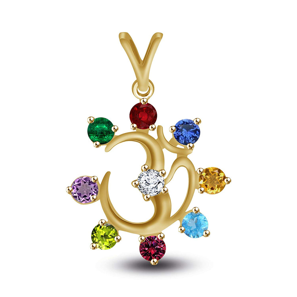atjewels Om Pendant in 14K Yellow Gold Over 925 Sterling silver Round Multi Color Stone For Women's MOTHER'S DAY SPECIAL OFFER - atjewels.in