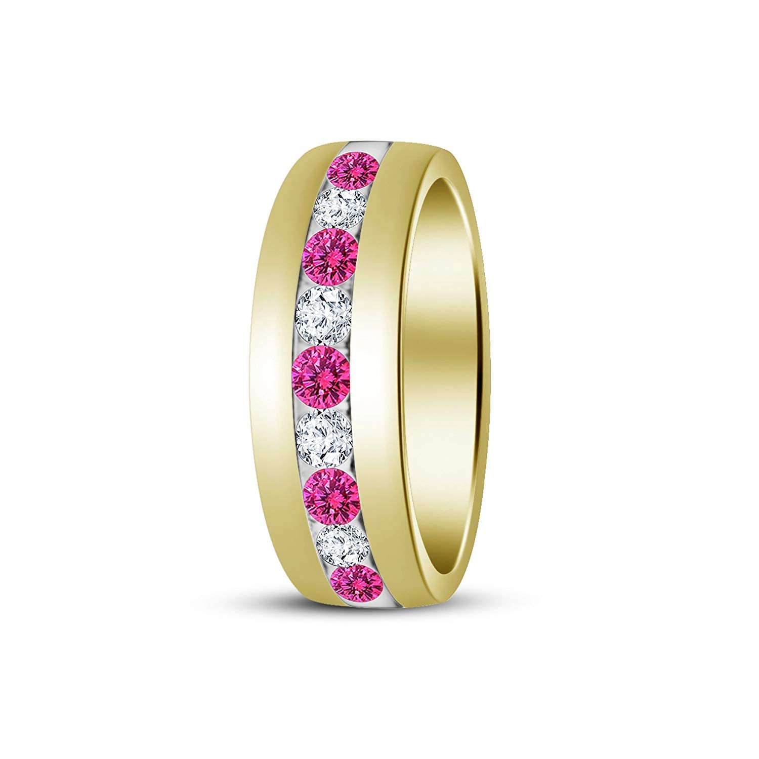 atjewels Round Cut Pink Sapphire & White CZ 14k Yellow Gold Over .925 Sterling Silver Wedding Band Ring For Women's and Girl's For Diwali Special - atjewels.in
