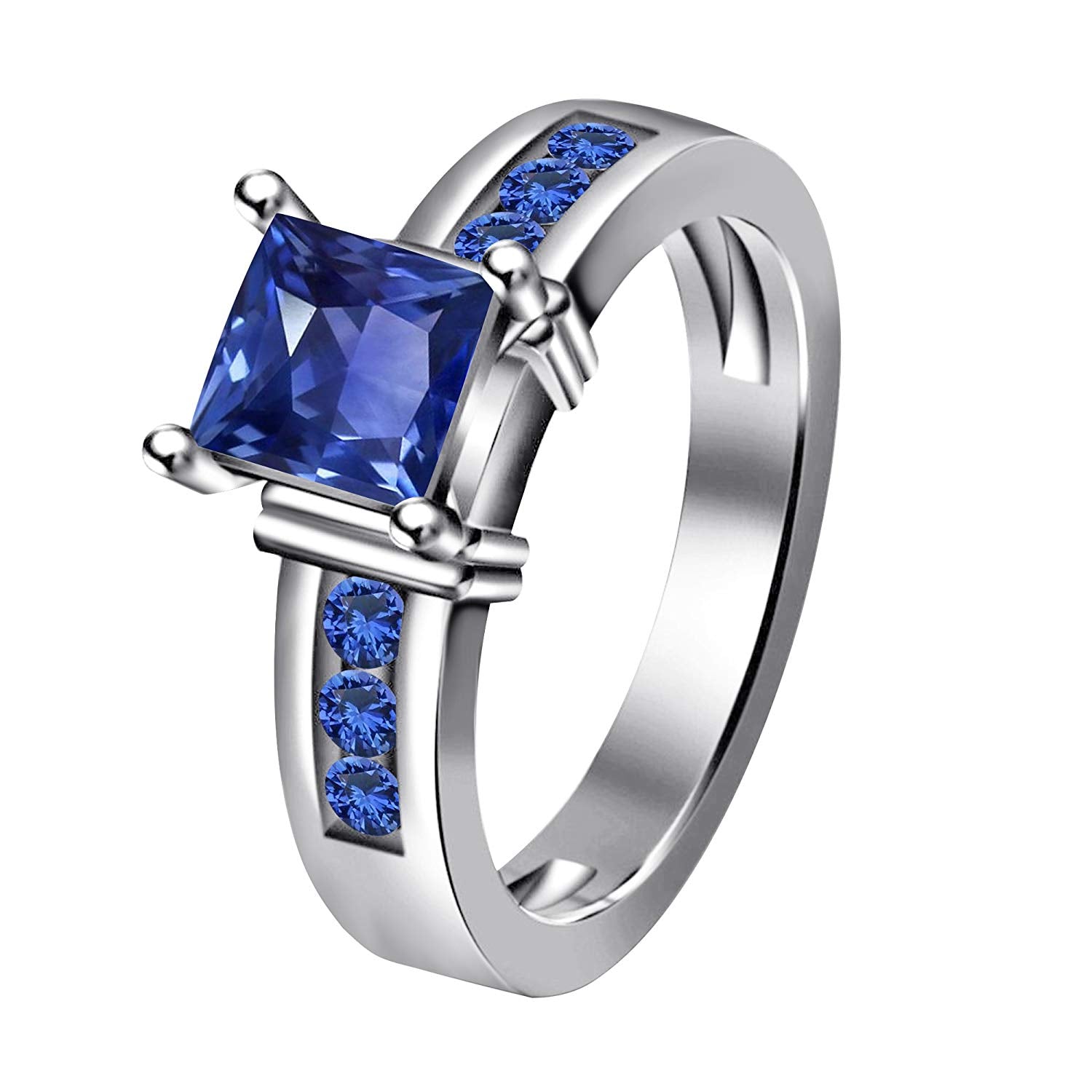atjewels 14K White Gold Over .925 Sterling Silver with Princess Blue Sapphire Engagement Ring Size US 7 MOTHER'S DAY SPECIAL OFFER - atjewels.in