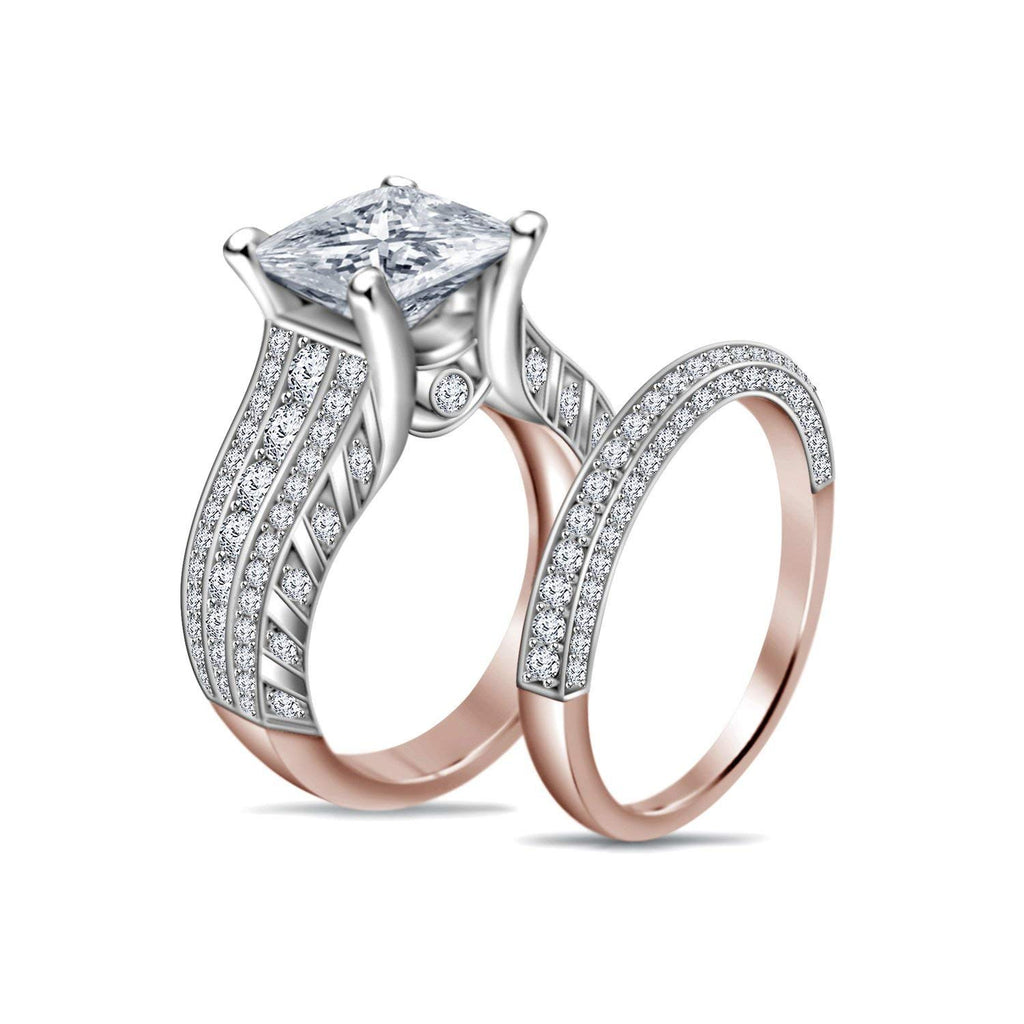 atjewels 18K White and Rose Gold Over 925 Silver Princess and Round White CZ Bridal Ring Set Size US 6 MOTHER'S DAY SPECIAL OFFER - atjewels.in