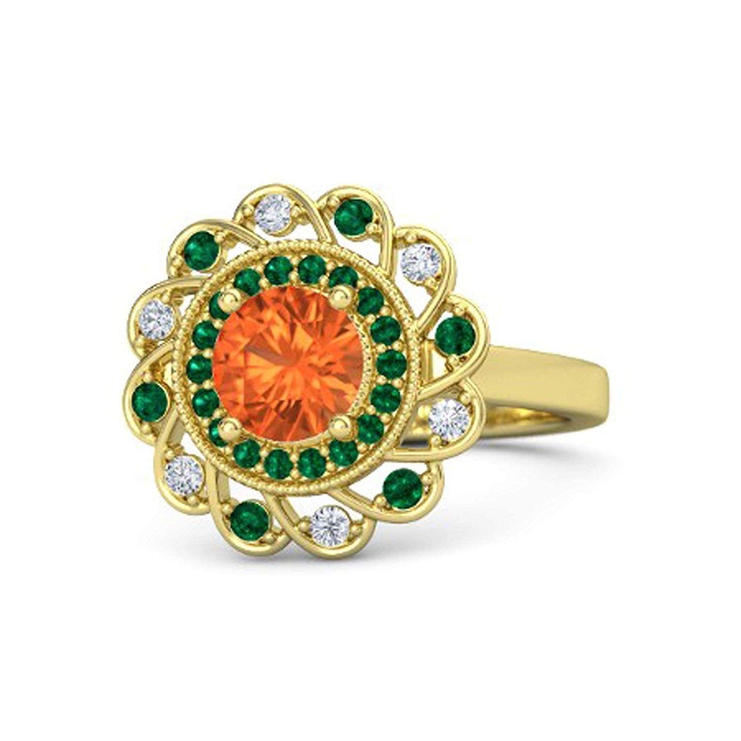 atjewels Round Cut Orange Sapphire, Green Emerald & White CZ 14k Yellow Gold Over .925 Sterling Silver Engagement Flower Ring For Women's and Girl's For Diwali Special - atjewels.in