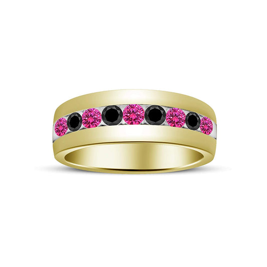 atjewels Round Cut Pink Sapphire & Black CZ 14k Yellow Gold Over .925 Sterling Silver Wedding Band Ring For Women's and Girl's For Diwali Special - atjewels.in