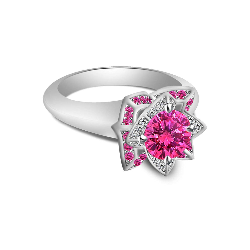 atjewels 925 Sterling Silver Round Pink Sapphire and White CZ Disney Princess Lotus Ring MOTHER'S DAY SPECIAL OFFER - atjewels.in