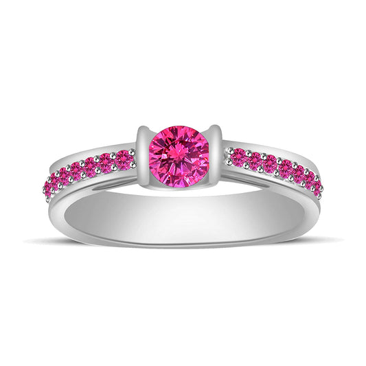 atjewels Solid .925 Sterling Silver Round Pink Sapphire Solitaire W/Accent Engagement Ring Size US 6 MOTHER'S DAY SPECIAL OFFER - atjewels.in