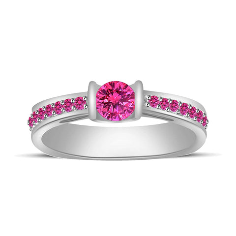 atjewels Solid .925 Sterling Silver Round Pink Sapphire Solitaire W/Accent Engagement Ring Size US 6 MOTHER'S DAY SPECIAL OFFER - atjewels.in