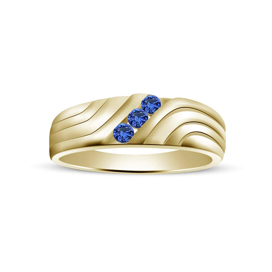 atjewels Round Blue Sapphire 14K Yellow Gold Over 925 Silver Three Stone Ring MOTHER'S DAY SPECIAL OFFER - atjewels.in
