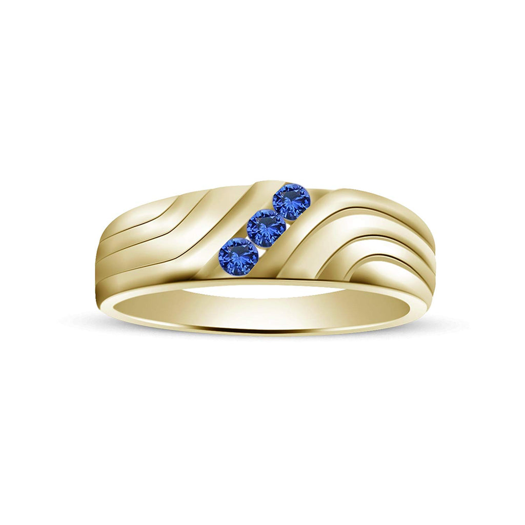 atjewels Round Blue Sapphire 14K Yellow Gold Over 925 Silver Three Stone Ring MOTHER'S DAY SPECIAL OFFER - atjewels.in