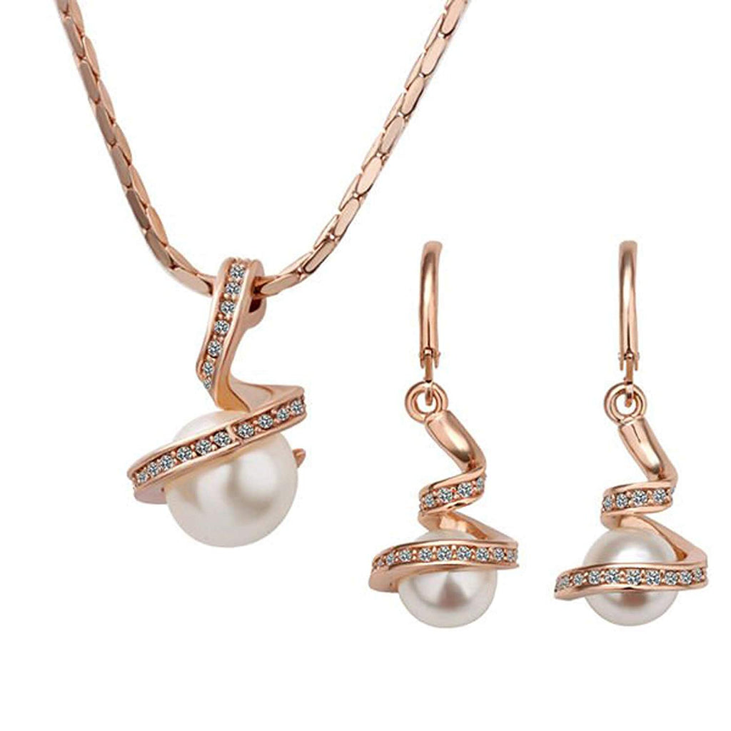 atjewels 14K Rose Gold Plated .925 Sterling Silver Round Cut White Cubic Zirconia & Pearl Drop Jewelry Set - atjewels.in
