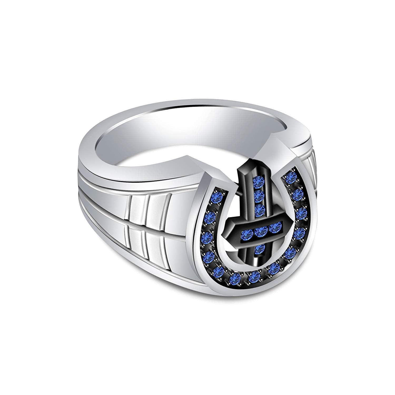 atjewels14K White and Black Gold Plated 925 Silver Round Blue Sapphire Cross Ring For Women MOTHER'S DAY SPECIAL OFFER - atjewels.in