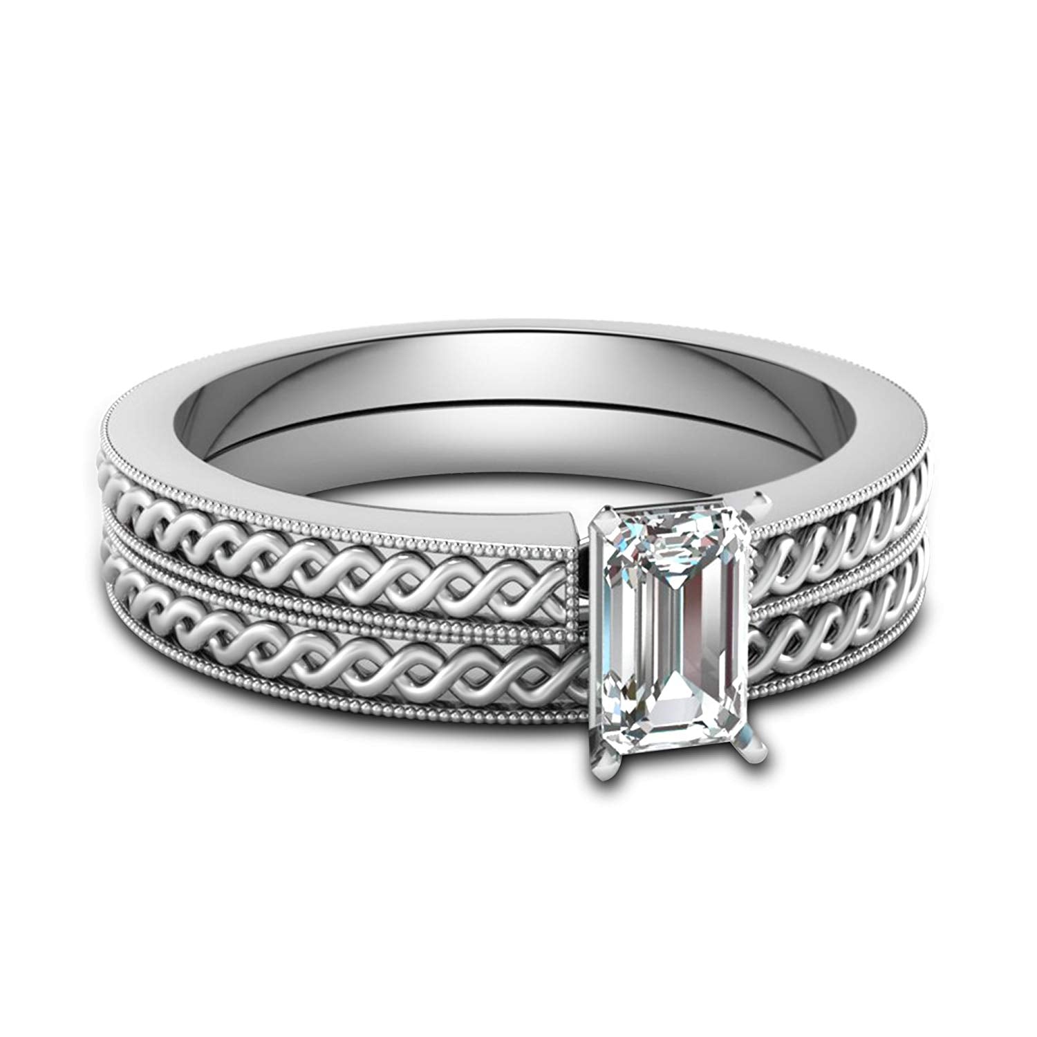 atjewels 14K White Gold Over Silver Emerald Cut Solitaire/Bridal Ring Set For Women's MOTHER'S DAY SPECIAL OFFER - atjewels.in