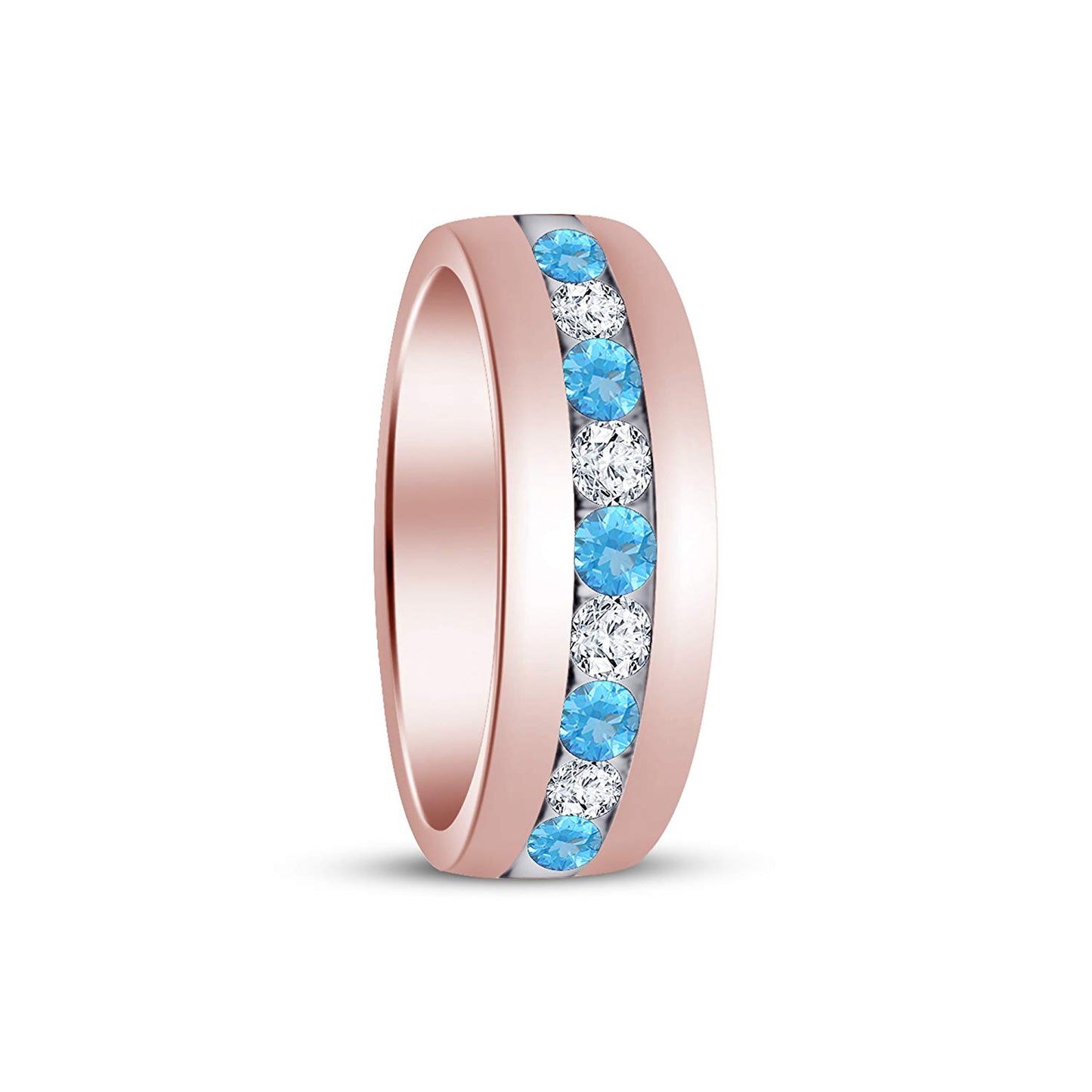 atjewels Round Cut Aquamarine & White CZ 14k Rose Gold Over .925 Sterling Silver Wedding Band Ring For Women's and Girl's For Diwali Special - atjewels.in