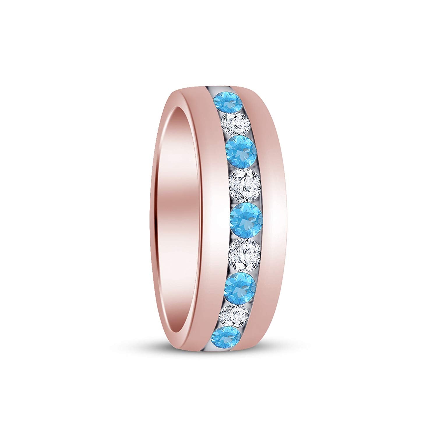 atjewels Round Cut Aquamarine & White CZ 14k Rose Gold Over .925 Sterling Silver Wedding Band Ring For Women's and Girl's For Diwali Special - atjewels.in