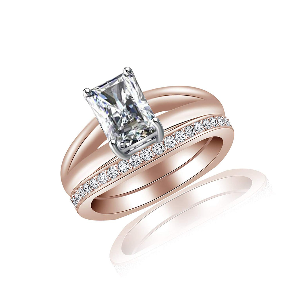 atjewels 14K Rose Gold Plated On 925 Silver White Emerald Cut Bridal Ring Set MOTHER'S DAY SPECIAL OFFER - atjewels.in