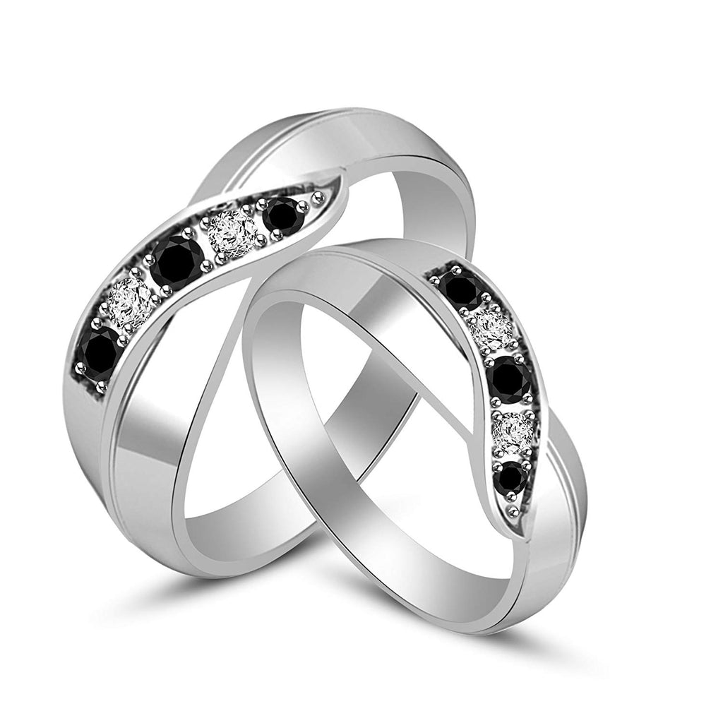 atjewels 925 Sterling Silver Round Black and White Zirconia Couple Ring Set MOTHER'S DAY SPECIAL OFFER - atjewels.in