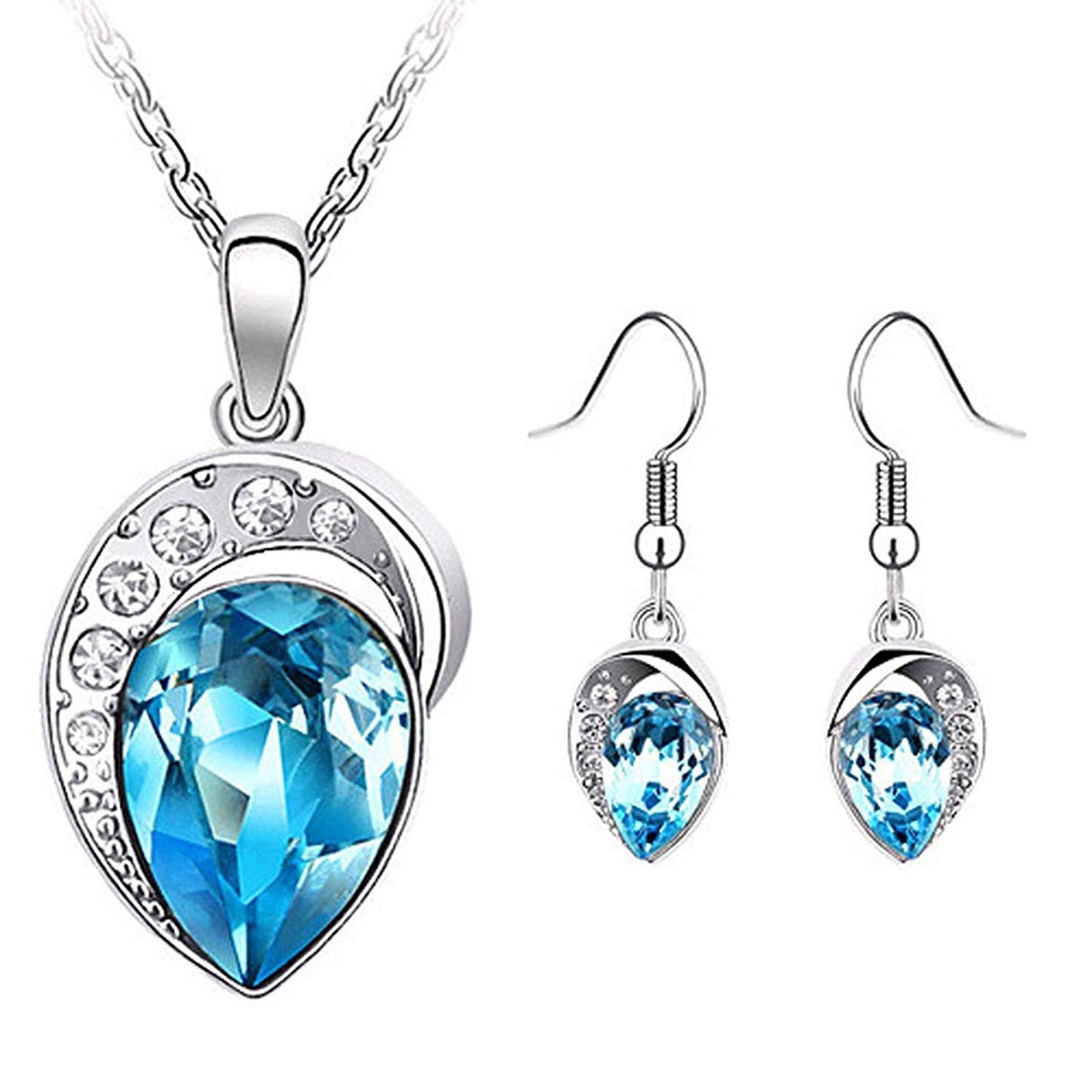 atjewels Pear & Round Cut Blue Aquamarine & White CZ .925 Sterling Silver Earrings, Ring & Pendant Jewelry Set For Women's/Girl's For Ganesh Chaturthi Special - atjewels.in