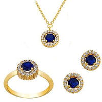 atjewels Round Cut Blue Sapphire & White CZ 14k Yellow Gold Over .925 Sterling Silver Earrings, Ring & Pendant Engagment Jewelry Set For Women's/Girl's For Ganesh Chaturthi Special - atjewels.in