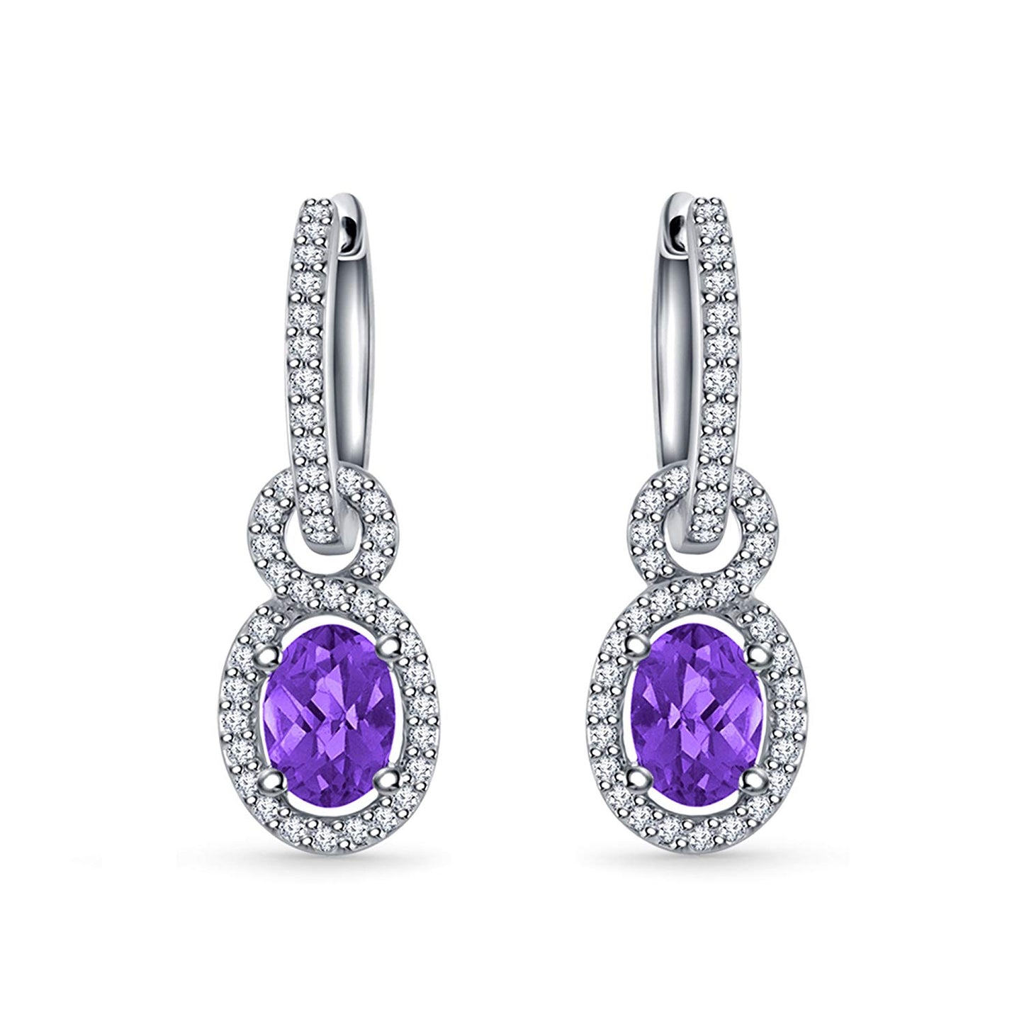 atjewels Oval Amethyst and Round White CZ 14K White Gold Over Sterling Silver Drop and Dangle Earring For Women's MOTHER'S DAY SPECIAL OFFER - atjewels.in