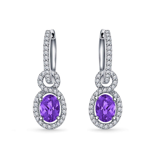 atjewels Oval Amethyst and Round White CZ 14K White Gold Over Sterling Silver Drop and Dangle Earring For Women's MOTHER'S DAY SPECIAL OFFER - atjewels.in