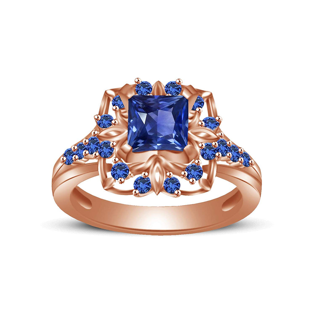 atjewels Princess & Round Cut Blue Sapphire 14k Rose Gold Over .925 Sterling Silver Engagement Ring Size 5 For Women's and Girl's MOTHER'S DAY SPECIAL OFFER - atjewels.in