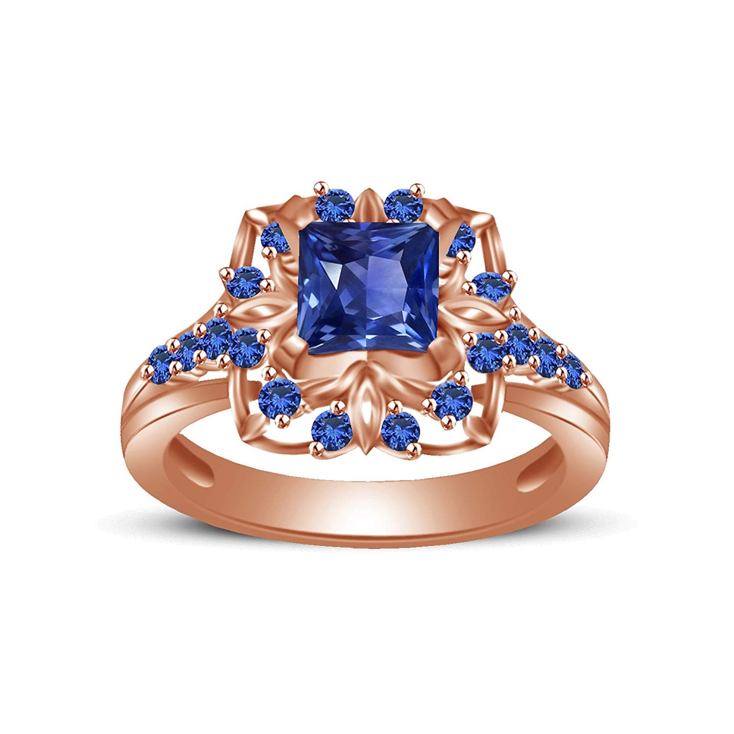 atjewels Princess & Round Cut Blue Sapphire 14k Rose Gold Over .925 Sterling Silver Engagement Ring Size 6 For Women's and Girl's MOTHER'S DAY SPECIAL OFFER - atjewels.in
