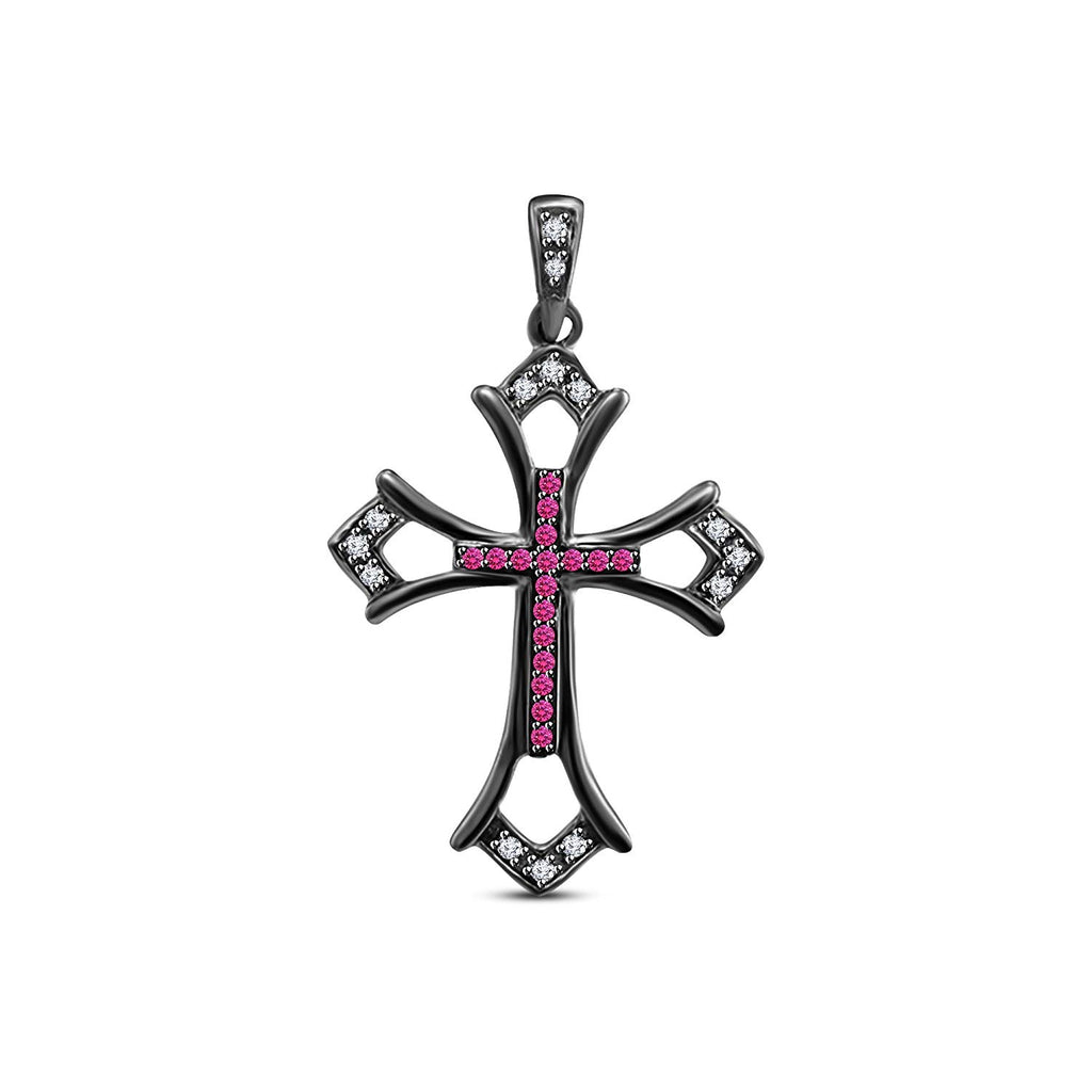 atjewels 14K Gold Over 925 Sterling Silver Round White and Pink Sapphire Cross Pendant Without Chain (Black Gold Plated) MOTHER'S DAY SPECIAL OFFER - atjewels.in